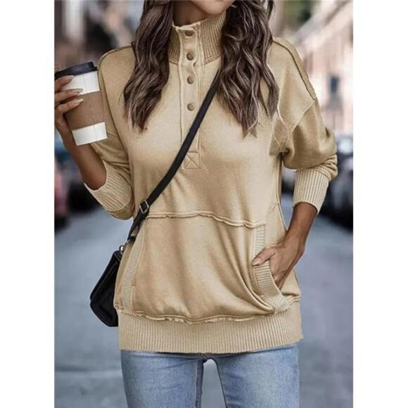 Womens Sweatshirt Long Sleeve Lightweight Sweatshirts Button Loose Pullover Tops - Picture 4 of 6